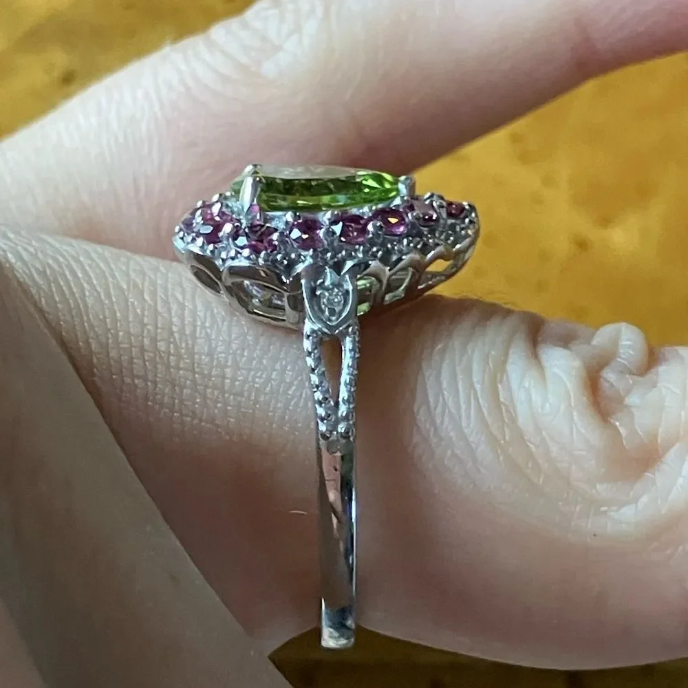 Natural Peridot Garnet Sterling Silver Ring Size 7